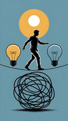 Minimalist Illustration of Silhouette Walking Between Glowing Light Bulbs Over Chaos