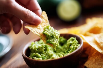 Fresh Guacamole Dip with Tortilla Chips on a Rustic Wooden Table