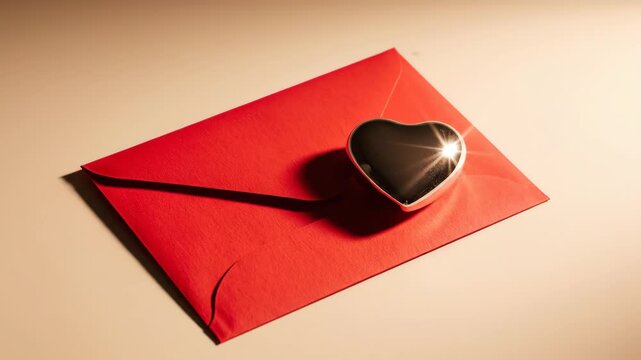 A red envelope features a black heart reflecting light against a neutraltoned surface creating a romantic and minimalist composition