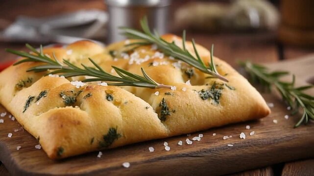 Focused on a rectangular, savory flatbread with herbs on a wooden board, blurred kitchen background, for culinary promotions