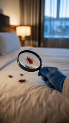 Blue-Gloved Hand Holding Magnifying Glass Over Bed Bug on White Bedding
