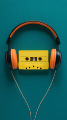 Yellow Cassette Tape Between Black and Orange Headphones on Teal Background