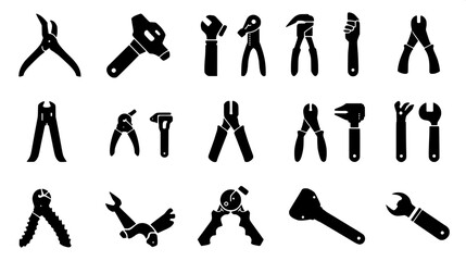 Flat design hand tool silhouettes, monochrome black on white, clean outline-free shapes, icon set style
