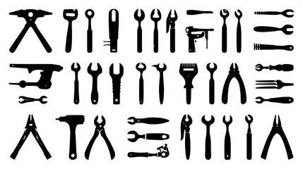 Flat design hand tool silhouettes, monochrome black on white, clean outline-free shapes, icon set style