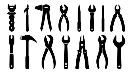 Flat design hand tool silhouettes, monochrome black on white, clean outline-free shapes, icon set style