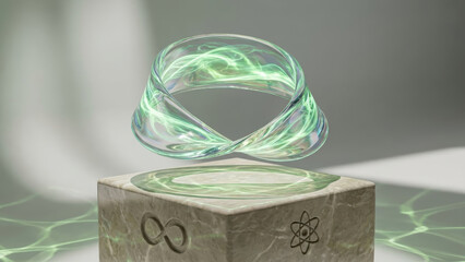 Mesmerizing amibous strip floats above marble pedestal, radiating green light and energy, symbolizing infinity and science