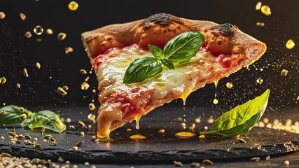 Pizza slice with melted cheese and fresh basil. Olive oil drips from the delicious food. Italian cuisine on dark background.