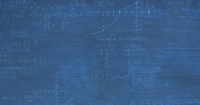 Animation of layers of mathematical formulae and equations over blue chalkboard