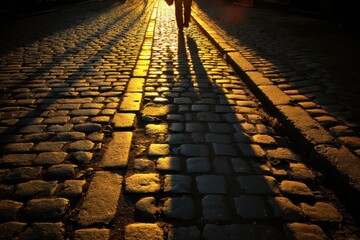 Golden Sunset Shadows on Cobblestone Street with Walking Figure
