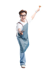 Artisan Chef's Delight: An artisan chef radiates exuberance, showcasing culinary tools, suggesting a moment of culinary creation, in a studio setting. 