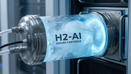 Futuristic server cartridge filled with glowing blue liquid, labeled H2 AI, is showcased high tech server environment, symbolizing advanced