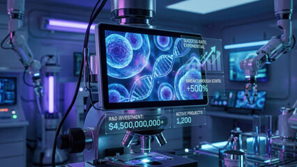 Innovative laboratory showcasing advanced technology with microscope and digital display highlighting exponential success rates and research