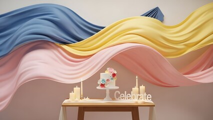 Interior of a restaurant with a celebration table . a birthday cake on a stand on table with burning candles insides 