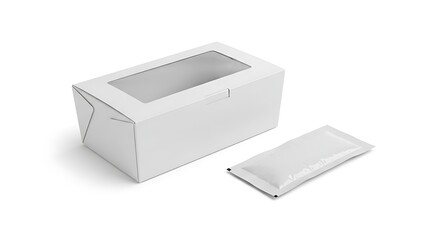 White paper food packaging box with a clear window and a small sachet next to it on a white background.