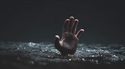 Struggling Hand Emerges from Dark Water in Distressful Scene