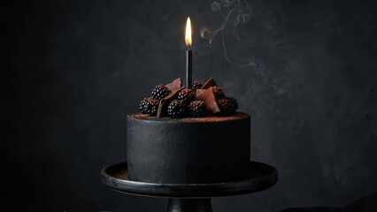 Dark, elegant cake topped with blackberries and chocolate, featuring single candle that emits gentle smoke