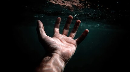 Hand Reaching Out from Underwater in Dark and Mysterious Environment