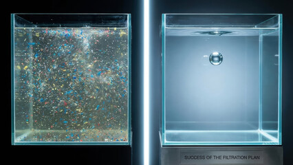 Filtration process comparison showing clear contrast between polluted water and clean water, highlighting environmental awareness and success