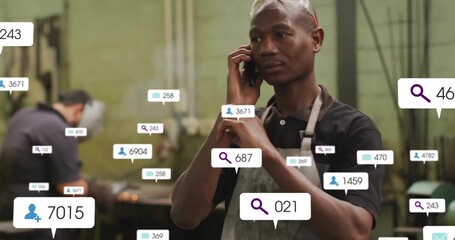 Talking on phone, factory worker surrounded by social media search animation - Powered by Adobe