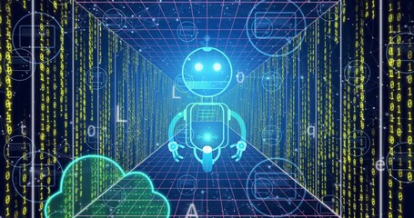 Robot and cloud computing animation over digital data processing background - Powered by Adobe