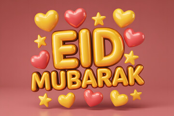Festive 3D "Eid Mubarak" Text with Hearts and Stars