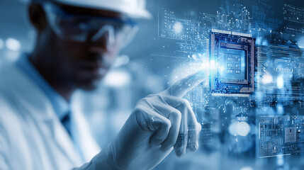 a high-tech advertising visual of a scientist in a lab coat and safety gear pointing towards a glowing, futuristic 3D semiconductor chip with intricate digital circuitry and data particles.