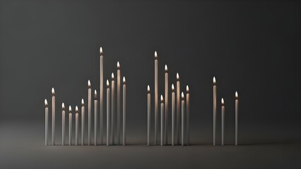 beautiful collection of different size candles burning isolated in solid simple gray background surface 