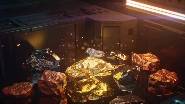 Futuristic 4K cinematic video of pure gold, silver, and copper ore floating in zero gravity inside a dark high-tech chamber, holographic neon lights highlighting metallic surfaces, slow rotation