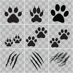 Animal Paw Prints and Claw Marks Silhouette Set on Transparent Background