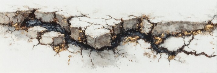 Close-up abstract macro view of a cracked concrete texture with visible fissures and embedded granular material showcasing geological or industrial decay