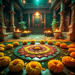 flower rangoli with marigold garlands and oil lamps in traditional indian temple courtyard during festival