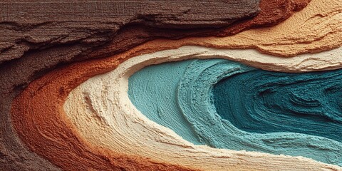 Abstract geological layers showcasing varied earth tones and oceanic blue hues, representing natural stratification and geological formations