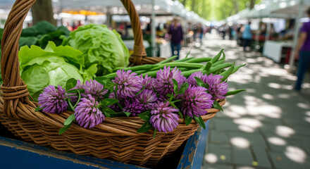 Fresh Farmers Market Harvest: Vibrant Veggies & Purple Clover in Ba...