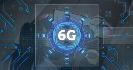 6G technology concept animation over people working at office desk - Powered by Adobe