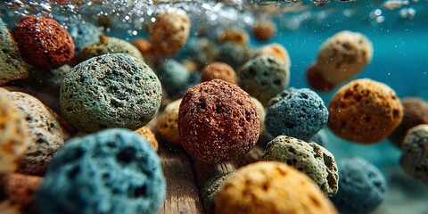 Close-up macro shot of porous volcanic rocks floating underwater, creating a vibrant and textured underwater garden scene with natural elements