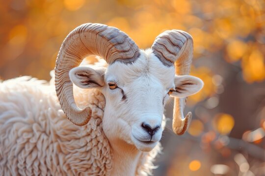 Close up of a dall sheep ram with large curved horns against a blurred golden autumn background