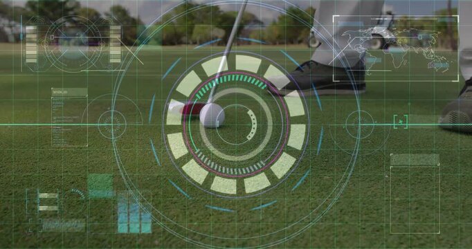 Golf ball sitting on red tee with putter head aligning shot amid futuristic HUD graphics