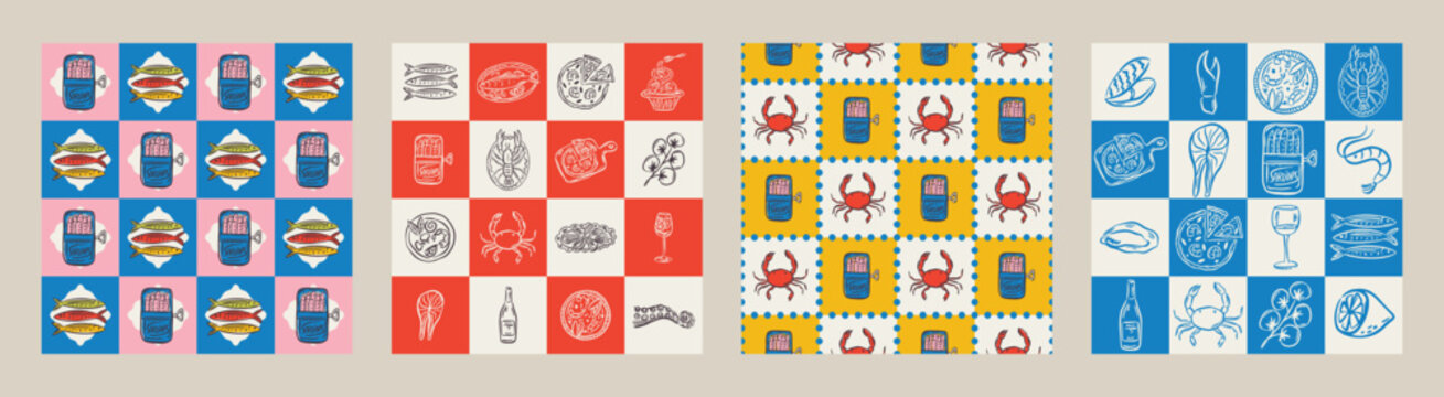 Whimsical hand drawn sea food seamless pattern in trendy whimsical style. Perfect  background for quirky italian wedding holiday, poster cards, dinner and bar menu, fabric, wrapping paper