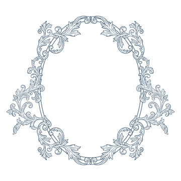 Elegant floral Baroque frames in blue tones. Hand-drawn minimalist line art vector design with elegantand royal ornaments . Perfect for invitations, wedding monogram, logos, and classic prints