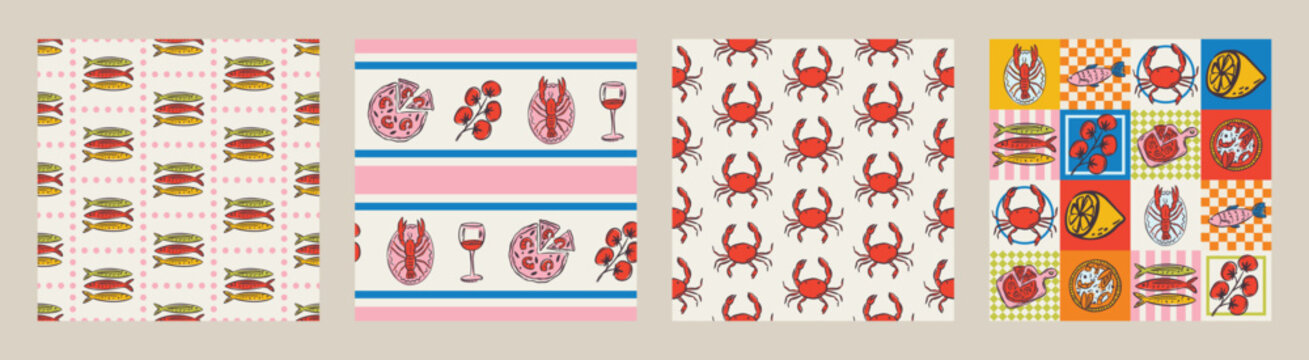 Whimsical hand drawn sea food seamless pattern in trendy whimsical style. Perfect  background for quirky italian wedding holiday, poster cards, dinner and bar menu, fabric, wrapping paper