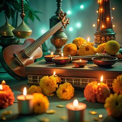 veena placed on scripture with marigold flowers oil lamps and candles in festive spiritual indian setup