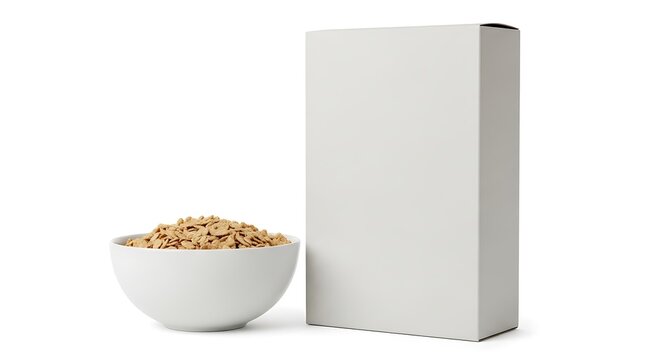 Blank Cereal Box and Bowl of Cereal on White Background.