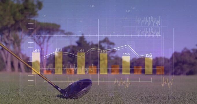 Golf driver club head being visualized over green fairway view, with bar charts and line graphs