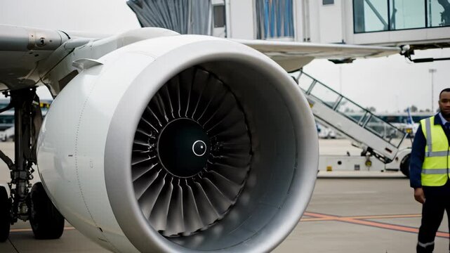 Airport ground crew walk past a large airplane engine on the tarmac. They wear professional uniforms and high-visibility vests. The scene depicts airport operations and travel industry.