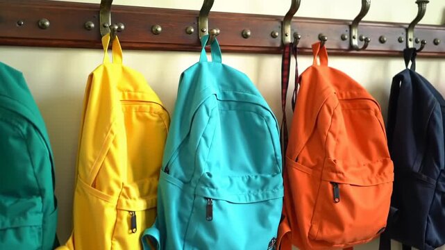 Colorful backpacks hanging on a wooden coat rack, ready for school or travel.