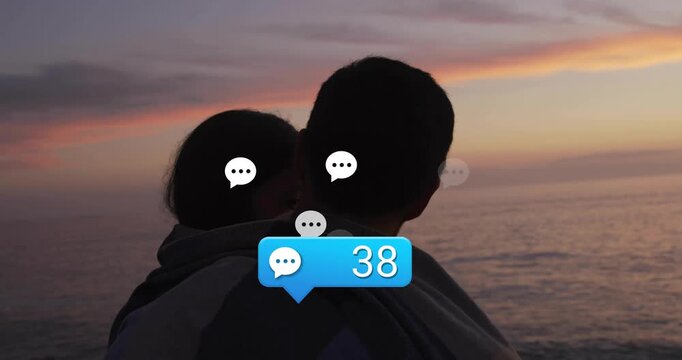 Couple embracing seaside cliff chat bubble initiating notification counting messages showing growth