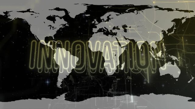 Starting with world map, circuitry emerging and neon innovation glowing to symbolize global change