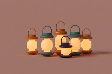 Collection of Modern, Glowing Lanterns in Various Sizes and Colors