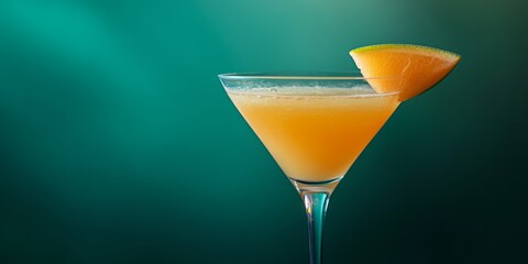 A cocktail with a slice of orange resting on top is presented in a clear glass.
