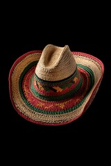 A vibrant and traditional style hat with intricate patterns and a wide brim.